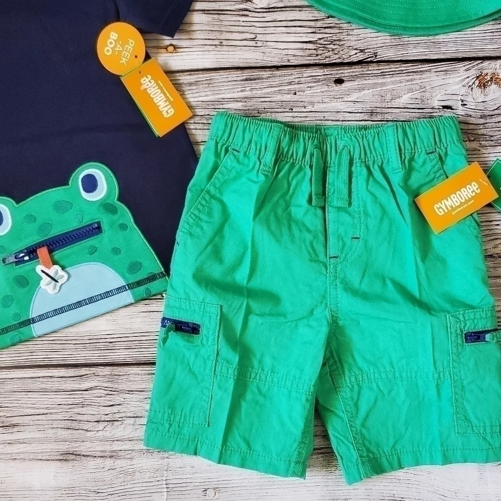 Gymboree Critter Camp Embroidered Frog T-Shirt, Shorts, and Hat Set NWT